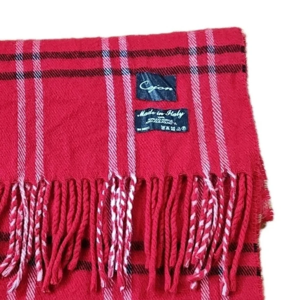 Cejon Italian Acrylic Fringed Long Neck Scarf Red Tartan Plaid Holiday Ski 11/62